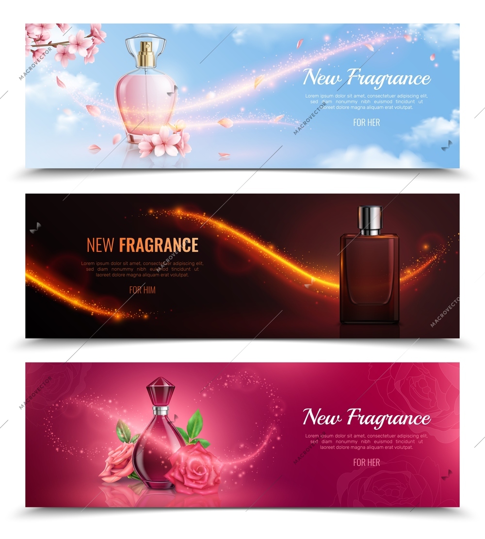 New fragrance horizontal cosmetics banners with bottles of perfume and effect of magic flying glitters realistic vector illustration