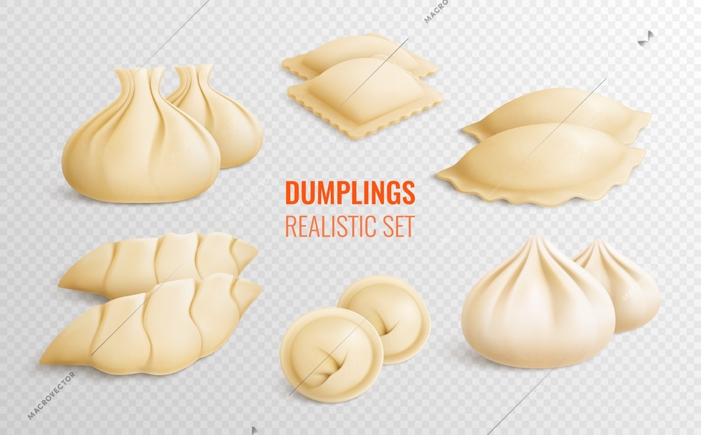 Dumplings transparent set with diversity of different national traditions in realistic style isolated vector illustration