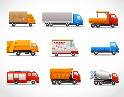 Realistic truck lorry transport van auto set isolated vector illustration