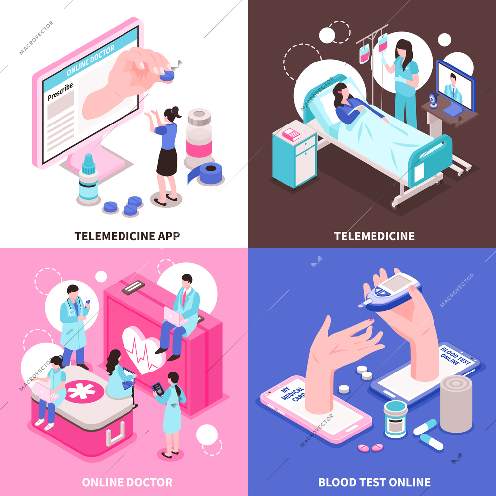 Online medicine 2x2 design concept with doctors and medical equipment on colorful background 3d isometric isolated vector illustration