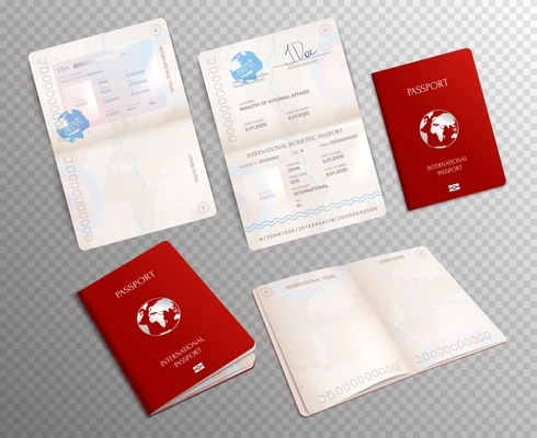 Biometric passport realistic set on transparent background with document mockups opened on different sheets vector illustration