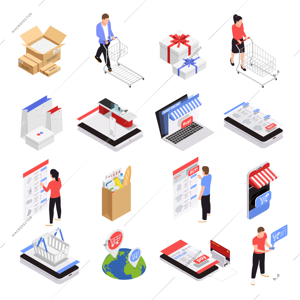 Mobile shopping icons set with ecommerce symbols isometric isolated vector illustration