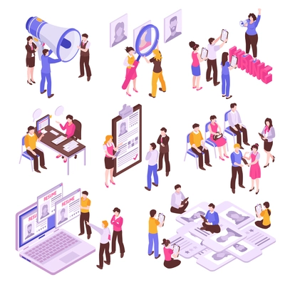 Isometric set with people searching for job isolated on white background 3d vector illustration