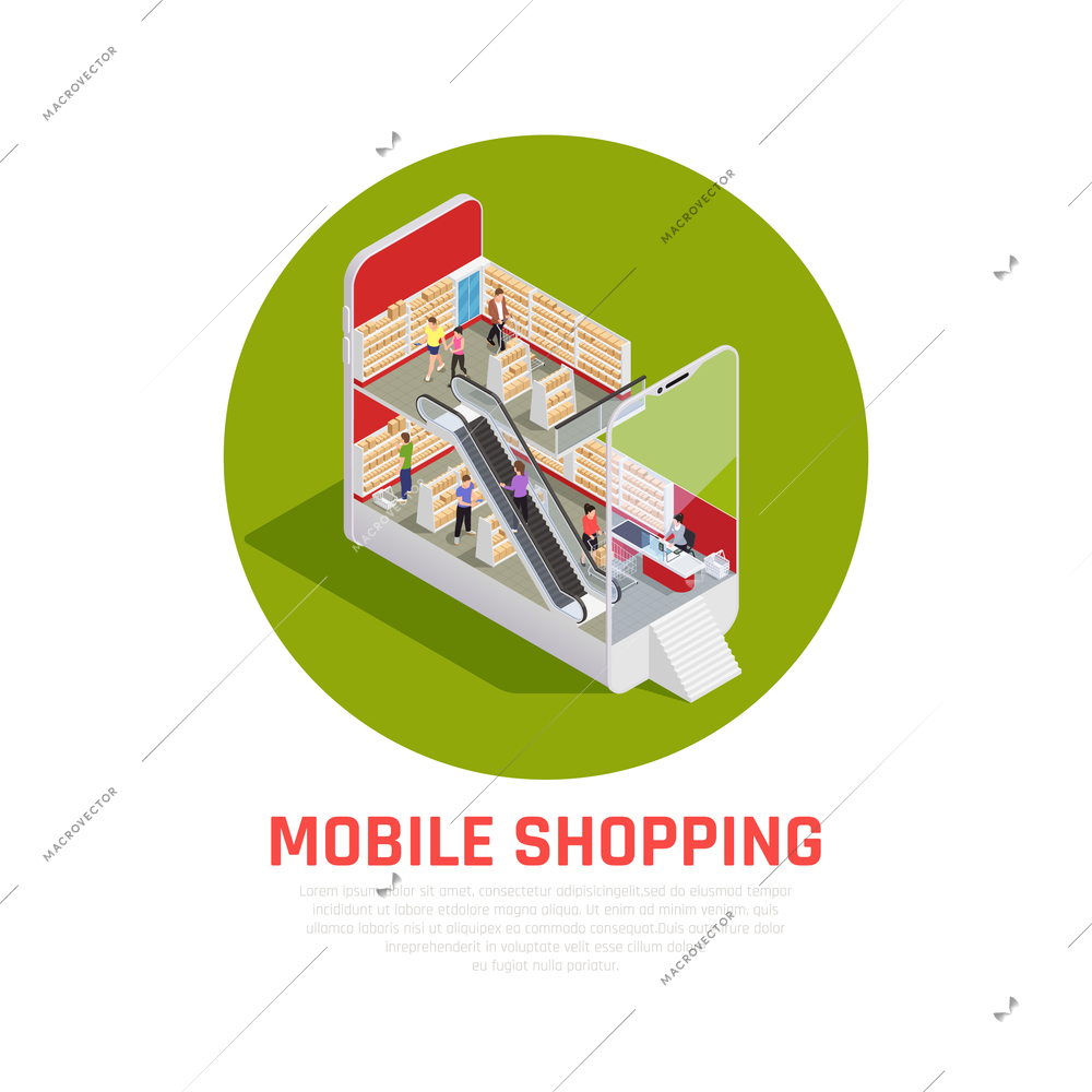 Mobile shopping isometric concept with purchase and ordering symbols isometric vector illustration