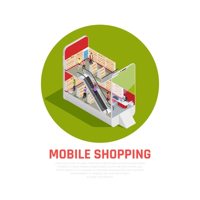 Mobile shopping isometric concept with purchase and ordering symbols isometric vector illustration