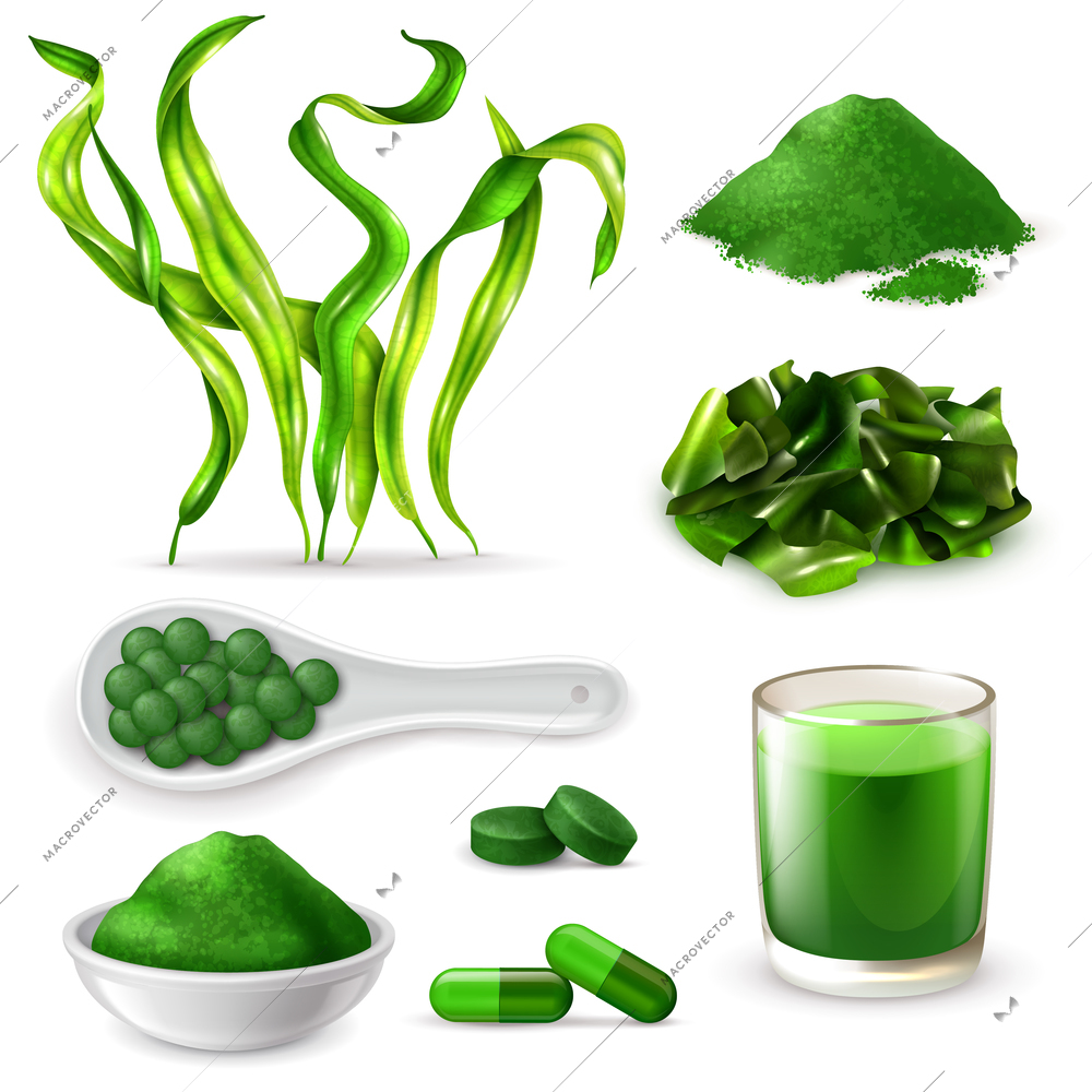 Spirulina realistic set with seaweeds  supplement capsules drink tablets green blue powder chopped dried algae vector illustration