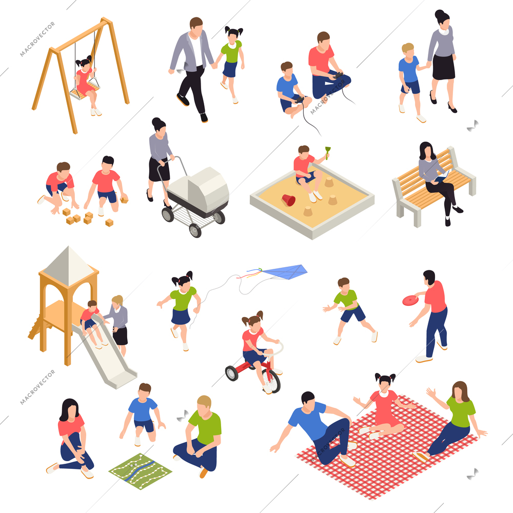 Family playing isometric icons set with parents and children isolated vector illustration