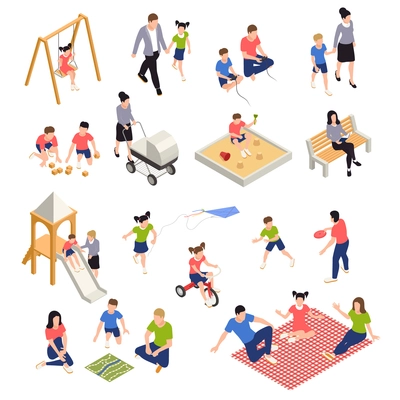 Family playing isometric icons set with parents and children isolated vector illustration