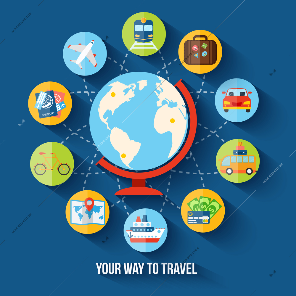 Travel holiday vacation flat concept with globe and tourism icons vector illustration