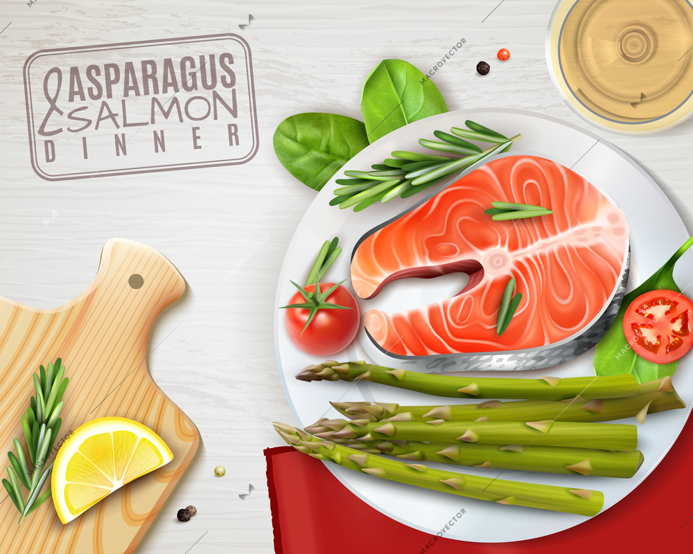 Asparagus salmon tomatoes healthy dinner  top view realistic advertising with lemon rosemary on cutting board vector illustration