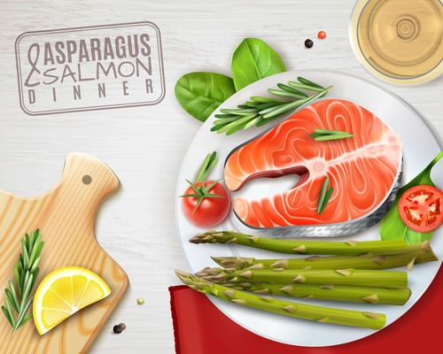 Asparagus salmon tomatoes healthy dinner  top view realistic advertising with lemon rosemary on cutting board vector illustration