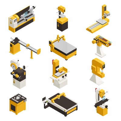 Industrial machinery icons set with technology symbols isometric isolated vector illustration