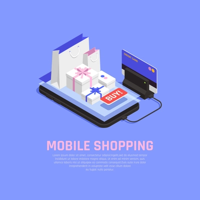 Mobile shopping and ecommerce concept with online orderind symbols isometric vector illustration