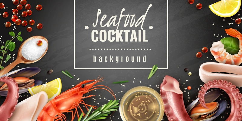 Seafood cocktail mix realistic chalkboard background poster with shrimps mussels squid octopus tentacles sea salt vector illustration