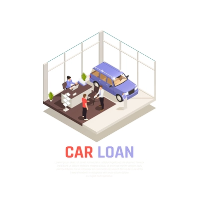 Car dealership concept with car loan symbols isometric vector illustration