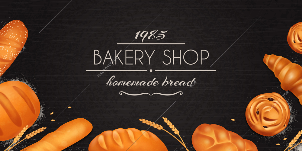 Realistic bread bakery composition with bakery shop homemade bakery description and set of bread vector illustration