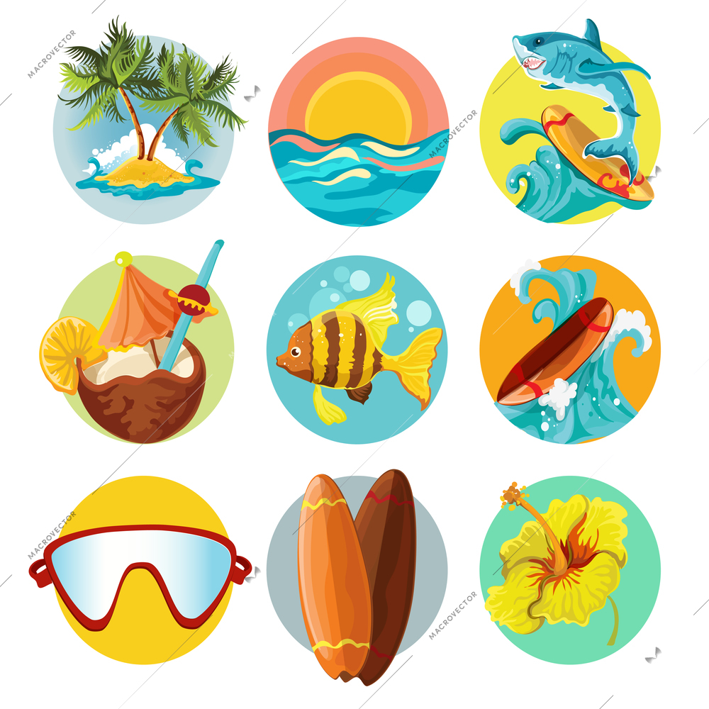 Beach surfing summer decorative  icons set isolated vector illustration