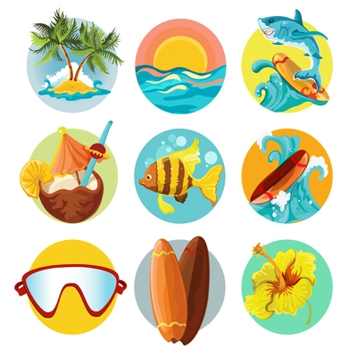 Beach surfing summer decorative  icons set isolated vector illustration