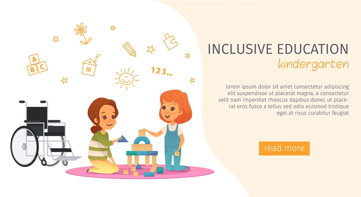 Colored inclusion inclusive education banner with kindergarden description and read more button vector illustration
