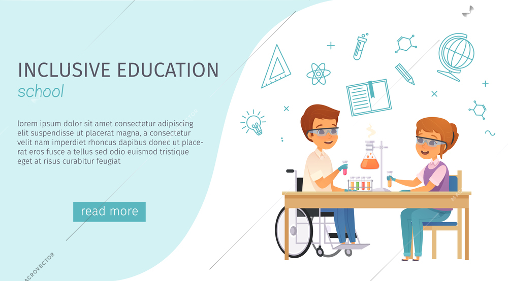 Inclusion inclusive education cartoon banner with school headline and blue read more button vector illustration