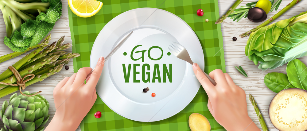 Go vegan realistic top view advertising poster with holding cutlery hands plate green vegetables placemat vector illustration