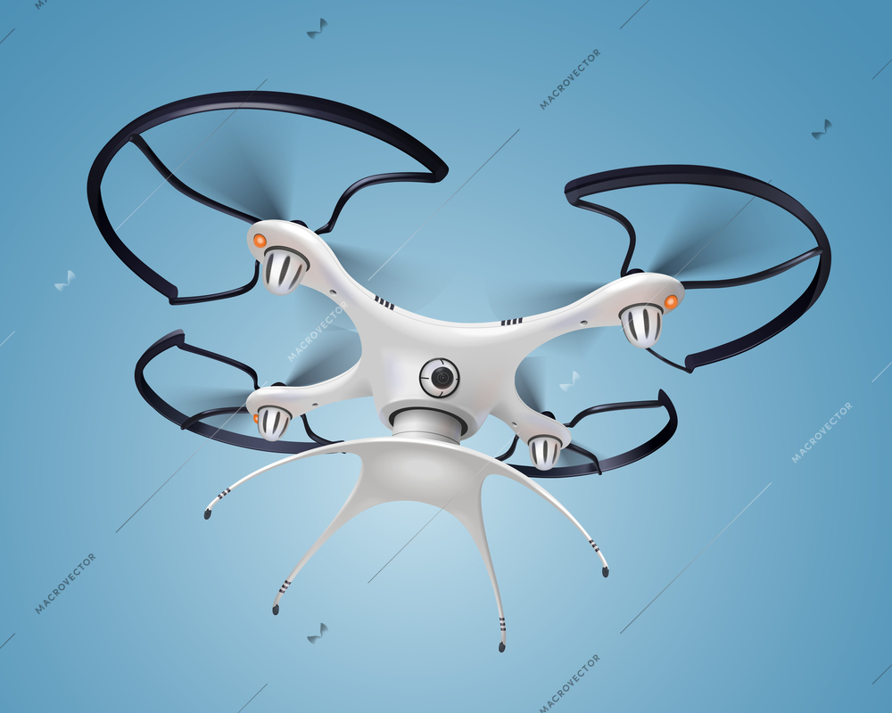 Colored and realistic drone with camera composition white smart electronic quadrocopter flying vector illustration