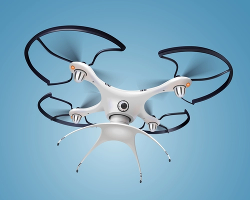 Colored and realistic drone with camera composition white smart electronic quadrocopter flying vector illustration