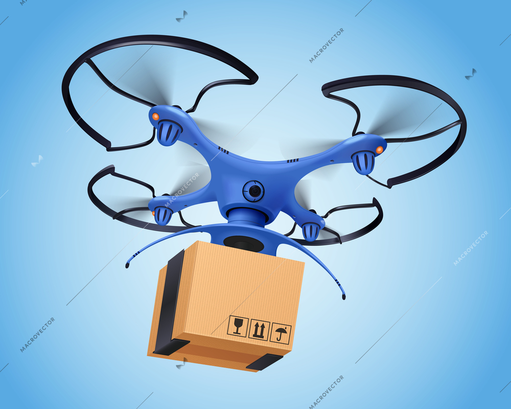 Blue logistics post drone realistic composition and it facilitates the delivery of postal service vector illustration