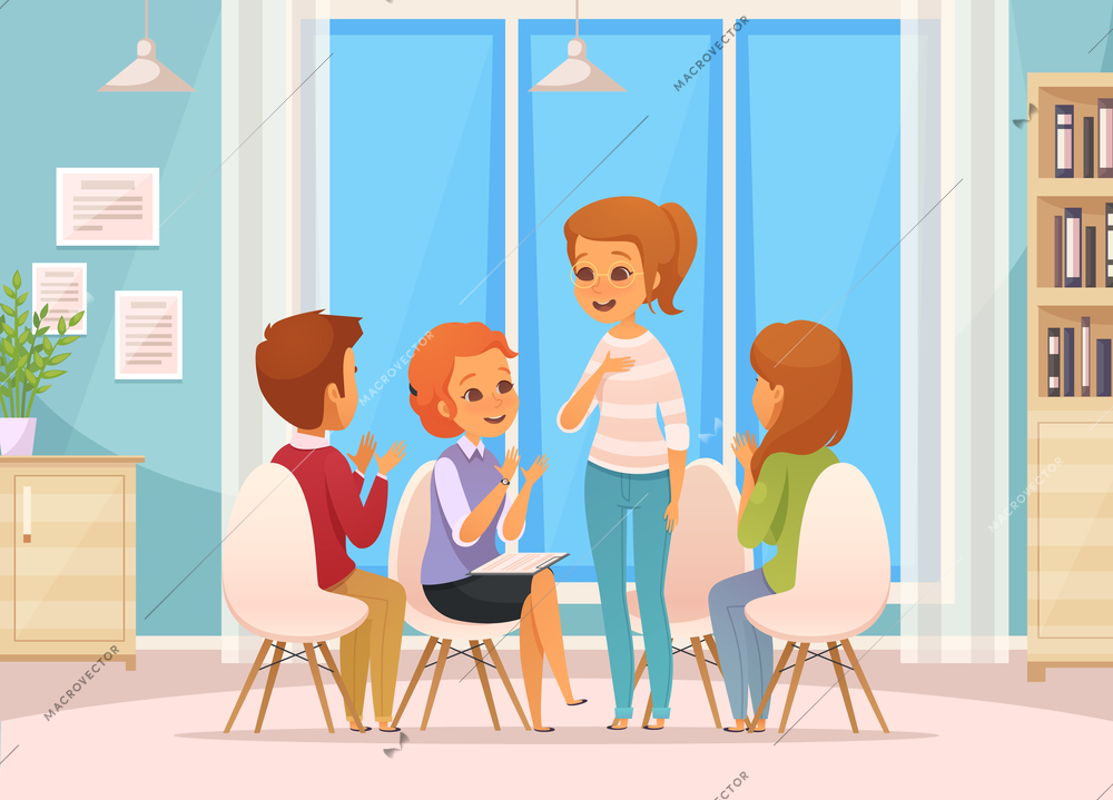 Colored cartoon group therapy composition with four children talk on group therapy vector illustration