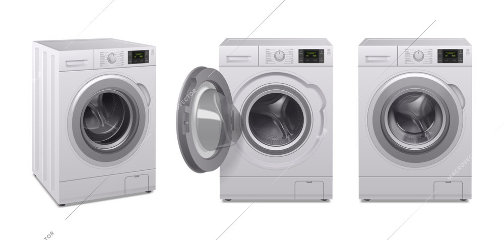 Washing machine realistic icon set three product of household appliances in different position vector illustration