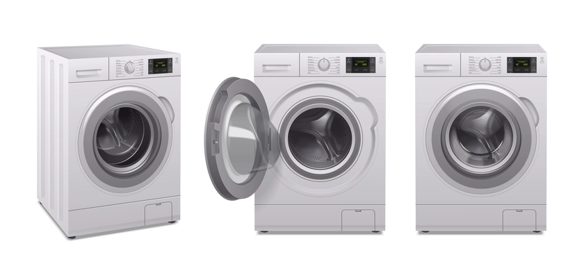 Washing machine realistic icon set three product of household appliances in different position vector illustration