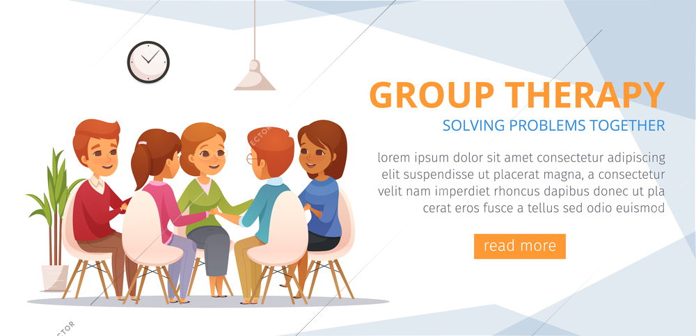 Group therapy cartoon banner with solving problems together headline place for text and orange button vector illustration