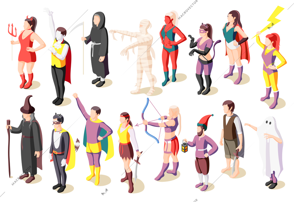 Masquerade isometric icons set with people wearing costumes of mummy sage demon ghost superhero pirate gnome isolated vector illustration