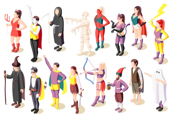 Masquerade isometric icons set with people wearing costumes of mummy sage demon ghost superhero pirate gnome isolated vector illustration