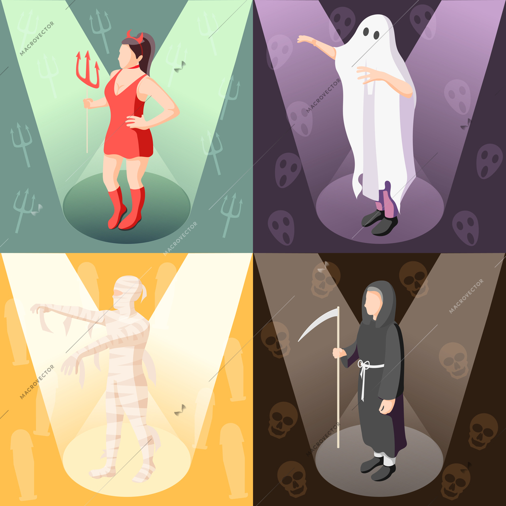 Colorful isometric 2x2 design concept with people wearing scary cosplay costumes of mummy demon ghost death 3d isolated vector illustration