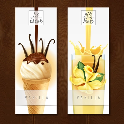 Vanilla flavored desserts 2 appetizing vertical realistic banners with ice cream and milk shake isolated vector illustration