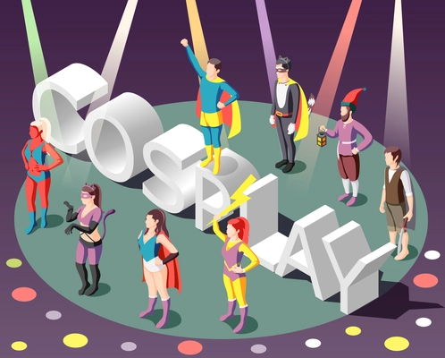 Isometric composition with people wearing costumes at cosplay party on background with colorful spotlight 3d vector illustration