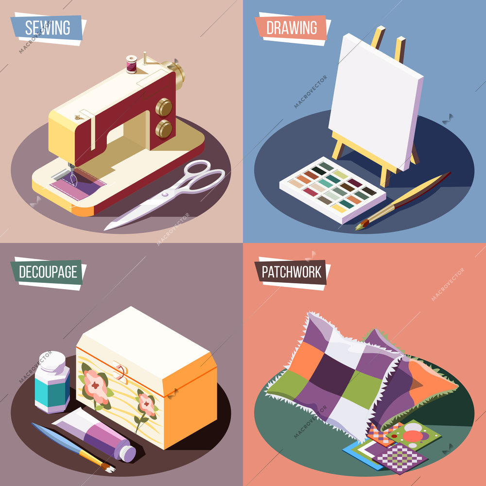 Hobby crafts isometric colorful 2x2 design concept with sewing drawing decoupage and patchwork 3d isolated vector illustration