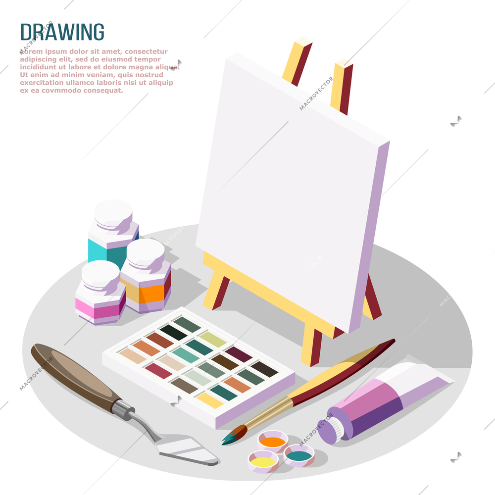 Hobby crafts isometric composition with various accessories for drawing and painting on white background 3d vector illustration