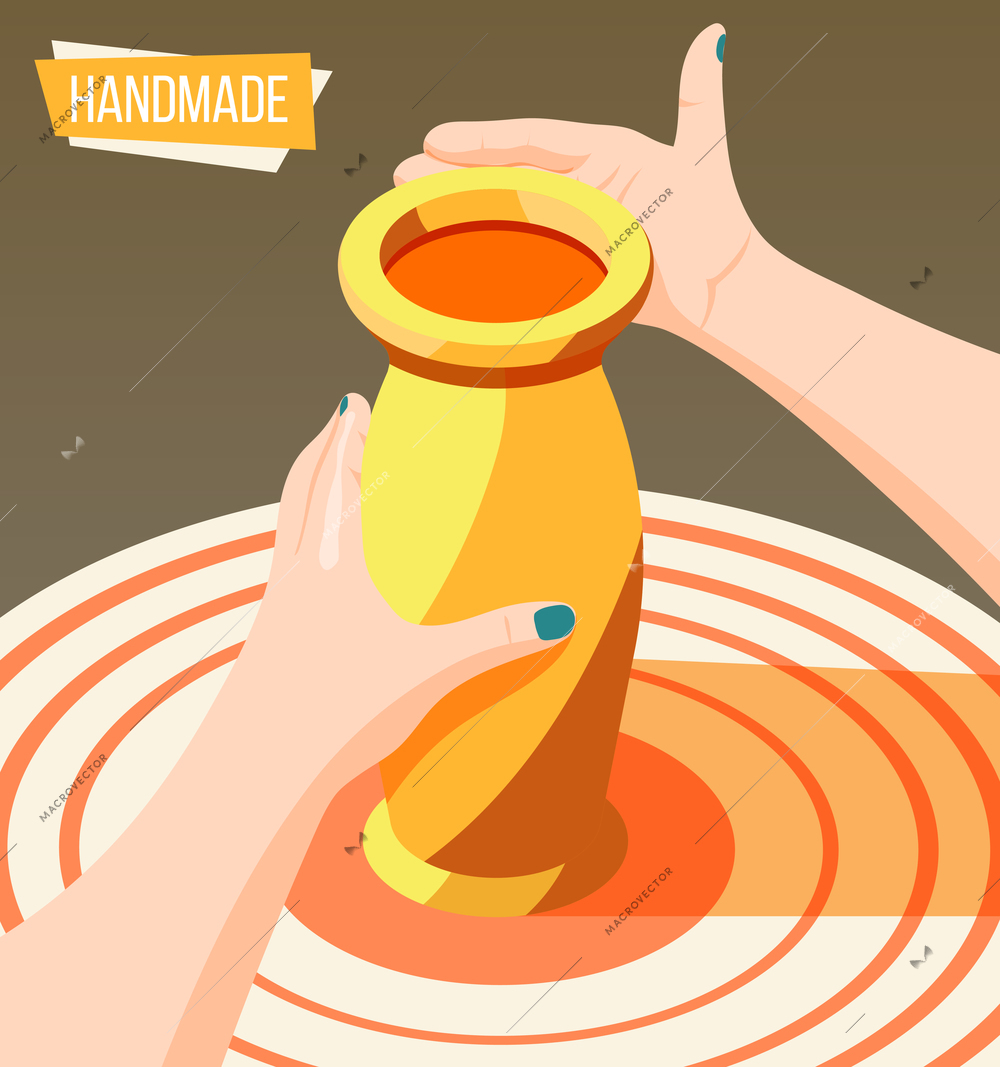 Hobby crafts isometric background with female hands making clay jug 3d vector illustration