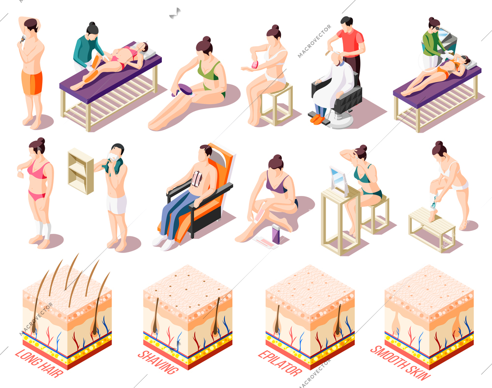 Ways of hair removal and people doing epilation in salon and at home isometric icons set isolated on white background 3d vector illustration