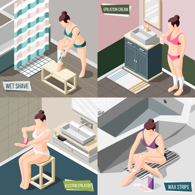 Hair removal 2x2 design concept with woman using razor epilator wax strips and depilatory cream 3d isometric isolated vector illustration