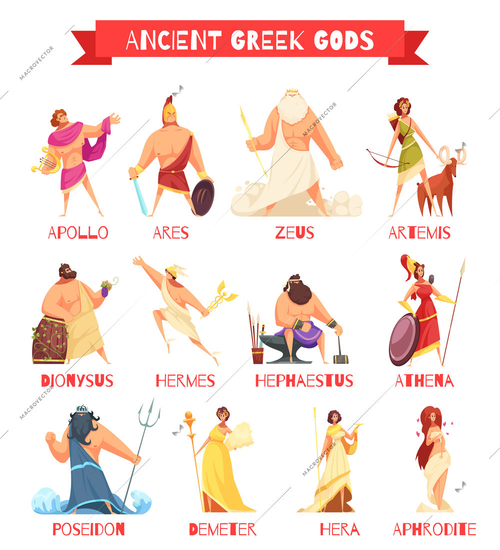 Ancient greek gods 12 strip cartoon figures set with zeus poseidon hera hermes athena isolated vector illustration