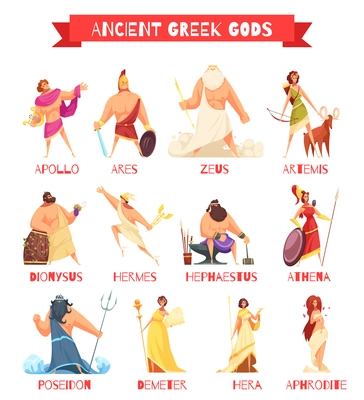 Ancient greek gods 12 strip cartoon figures set with zeus poseidon hera hermes athena isolated vector illustration