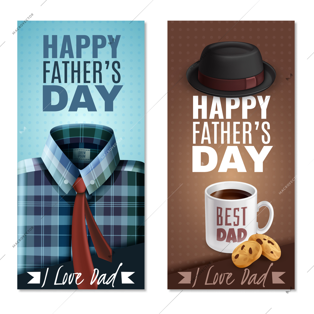 Happy fathers day celebration 2 realistic vertical banners with best dad coffee mug cookies hat vector illustration