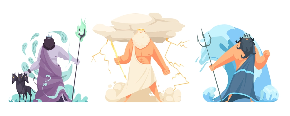 Three powerful ancient greek brothers gods horizontal set with hades zeus and poseidon cartoon isolated vector illustration