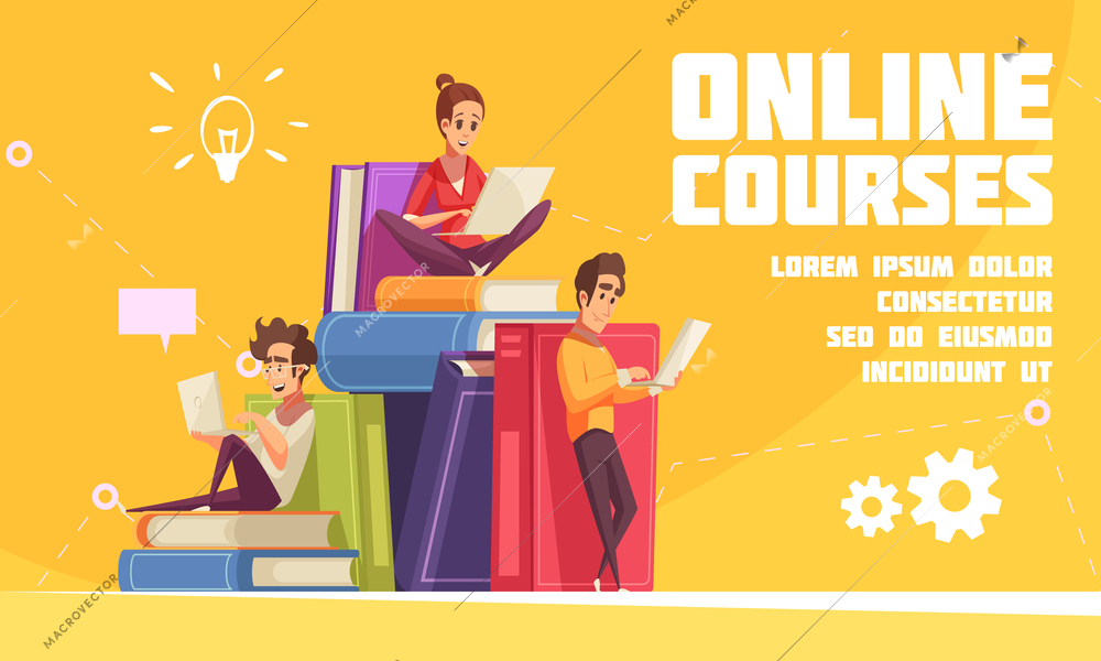 Online courses cartoon advertising web page with students sitting on books pile with laptops notebooks vector illustration