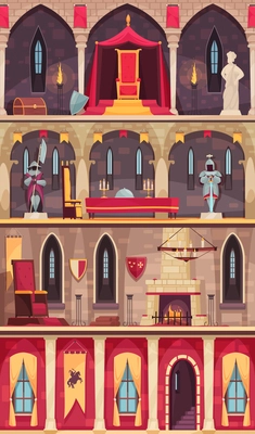 Medieval castle interior 4 flat banners set with dining hall ballroom throne room chambers isolated vector illustration