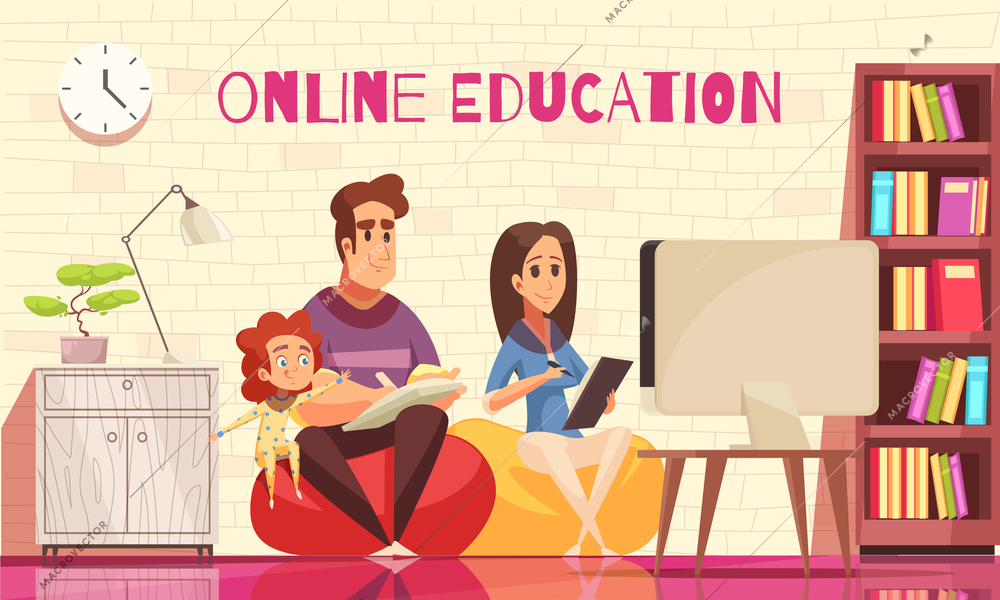 Learning home distant education for family with kids cartoon composition with young parents behind computer vector illustration