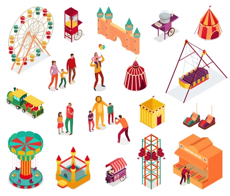 Set of isometric amusement park elements with visitors street food and attractions isolated vector illustration